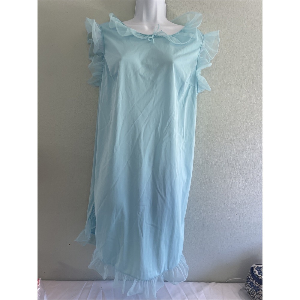 Vintage 60s Light Blue Nylon Nightgown Babydoll Gown Nightie Lingerie Ruffle M/L